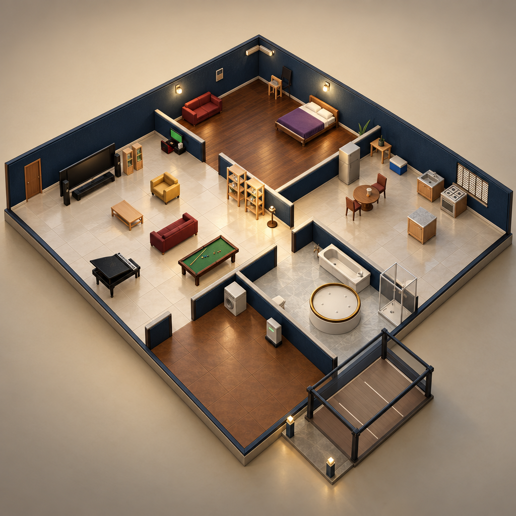 Realistic isometric rendering of a Lagos Life home with a piano, pool table and bedroom