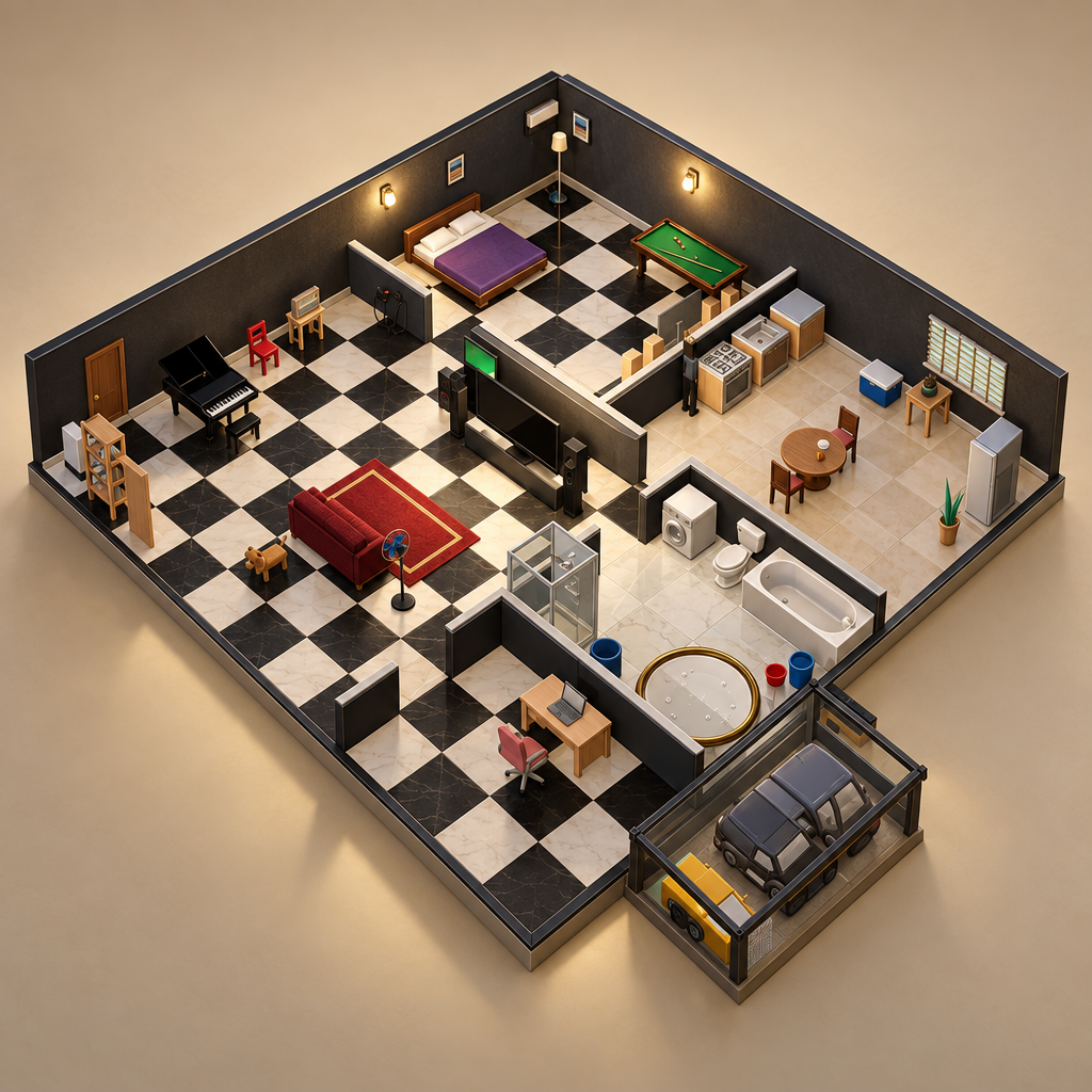 Realistic isometric rendering of a Lagos Life home with a piano, pool table and bedroom