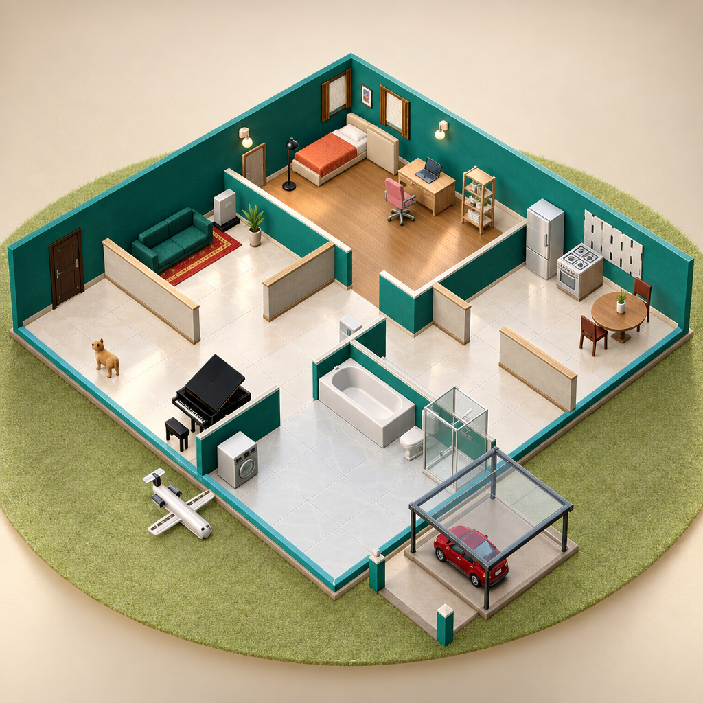 Realistic isometric rendering of a Lagos Life home with a piano, pool table and bedroom