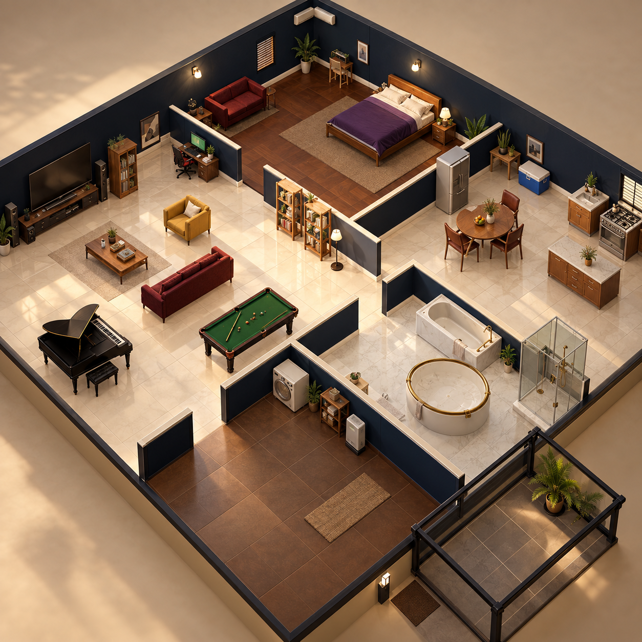 Realistic isometric rendering of a Lagos Life home with a piano, pool table and bedroom